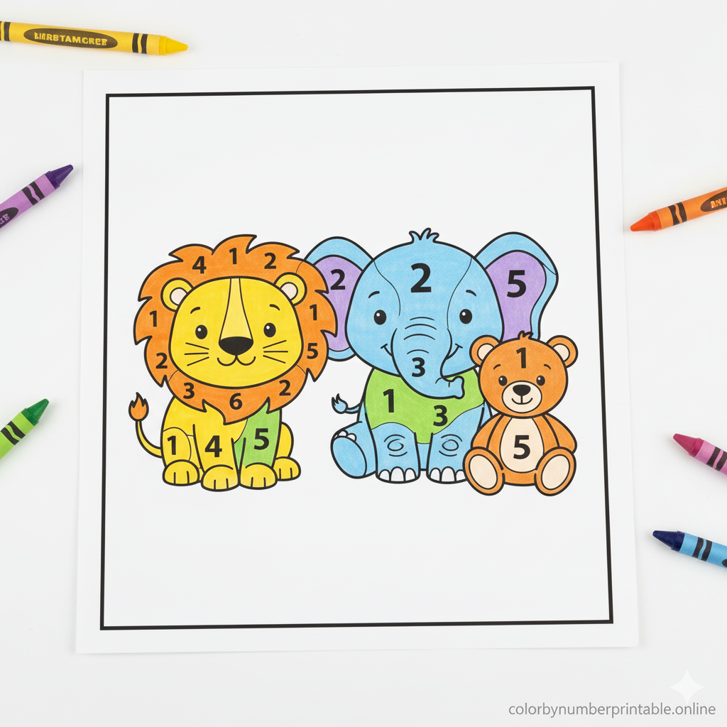 Easy animal-themed color by number printable for kids, with large bold numbers, simple outlines (cat, dog, rabbit), and white background for easy printing